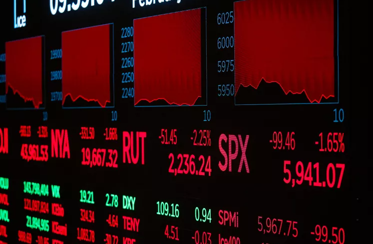 Stock market information at the New York Stock Exchange on Monday, February 2nd, 2026.