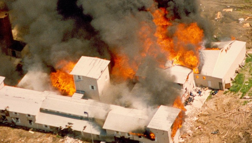 Mount Carmel Compound on fire. Photo courtesy of Literary Hub.